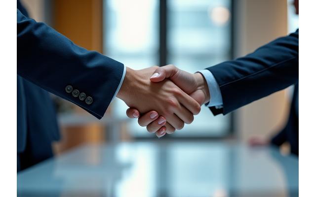 Team members shaking hands, symbolizing successful partnership