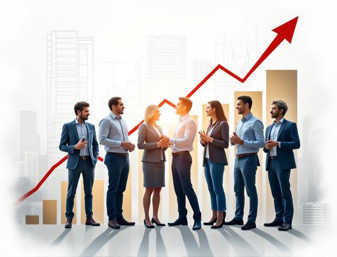 A collage of diverse business professionals collaborating, overlaid with charts symbolizing successful project outcomes and growth.