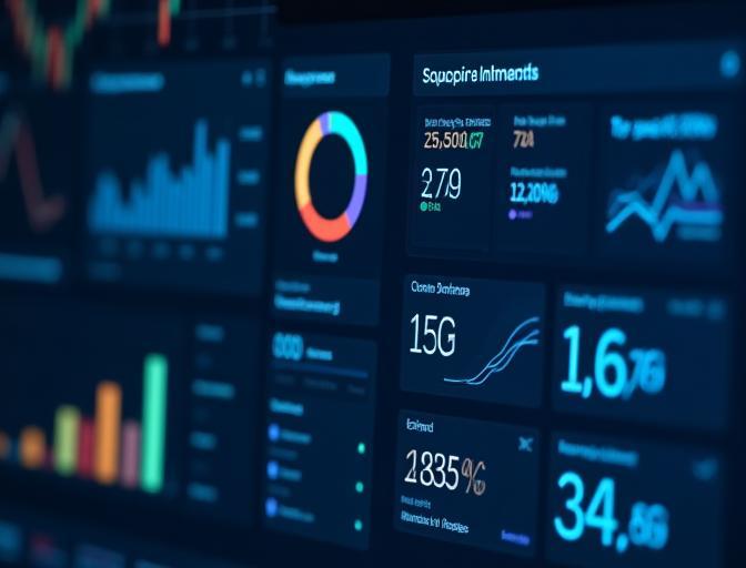 A professional digital dashboard displaying key performance indicators (KPIs) like revenue, market share, and ROI, with charts and graphs indicating positive growth trends.