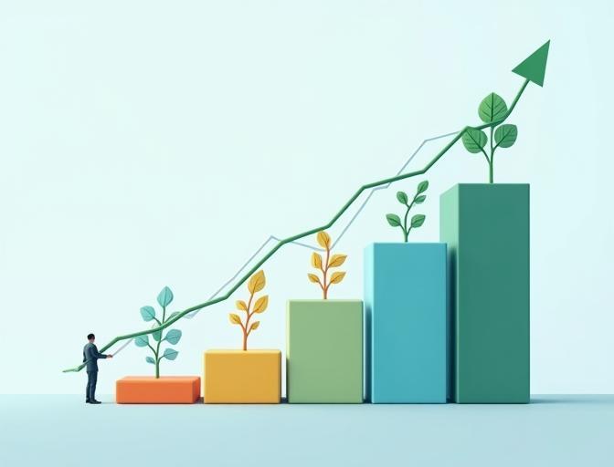 Visual representation of a climbing growth chart with financial indicators, symbolizing accelerated business development led by strategic planning.