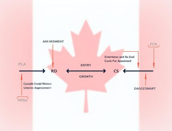 A timeline infographic depicting strategic phases of market expansion: assessment, entry, and growth, with a Canadian flag subtly in the background.