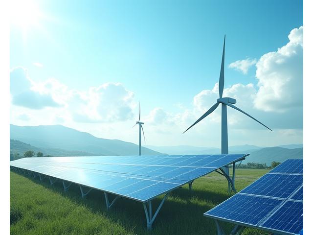 Solar panels and wind turbines in a modern, sustainable landscape, symbolizing a clean technology project.