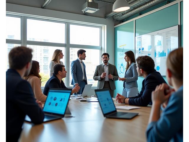 Modern collaborative workspace with diverse professionals, symbolizing an innovation hub.