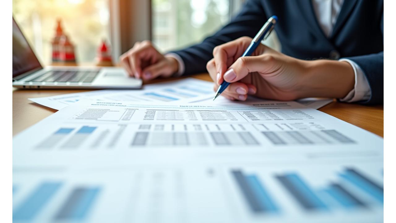 Close-up of hands reviewing detailed financial documents with Canadian flags and government buildings subtly blurred in the background, symbolizing grant applications.