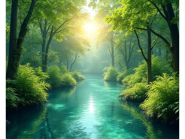 A vibrant green forest with clear water, representing environmental and sustainability projects.