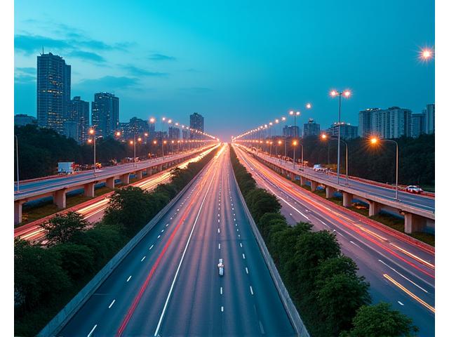 Modern highway interchange with flowing traffic, symbolizing infrastructure and transportation.