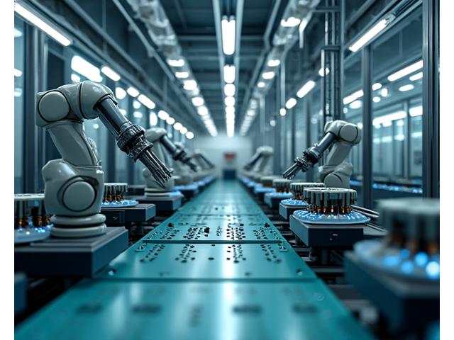 Image of a modern, automated manufacturing floor with robotic arms and precise machinery, conveying efficiency and advanced production.