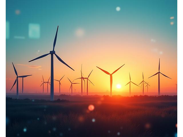 Wind turbines against a sunrise, symbolizing sustainable energy and clean technology.