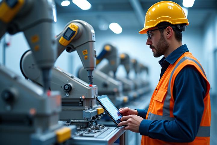 Modern manufacturing facility with robotic arms, representing operational efficiency.