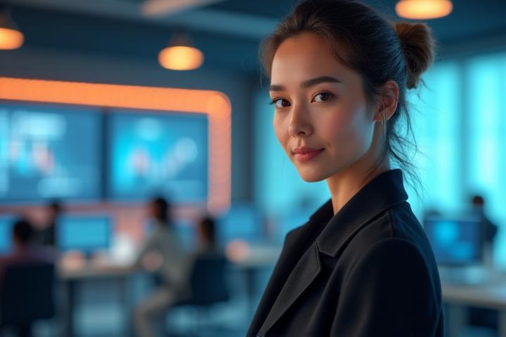 Young entrepreneur in a modern office, symbolizing a successful technology startup.