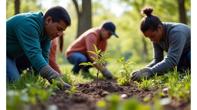 Image of volunteers planting trees, symbolizing environmental action.
