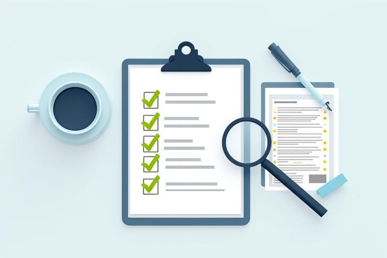A stylized checklist with various tasks checked off, representing readiness for an audit, with a magnifying glass icon hovering over it.