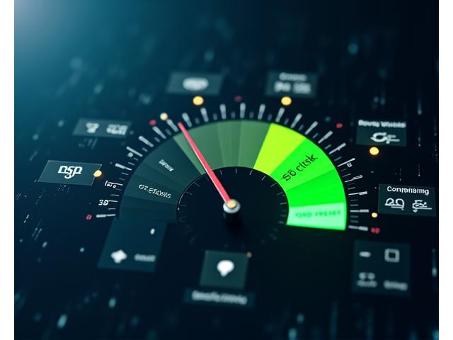 Visual representation of a compliance risk meter showing low risk with a green needle, surrounded by abstract digital regulatory symbols.