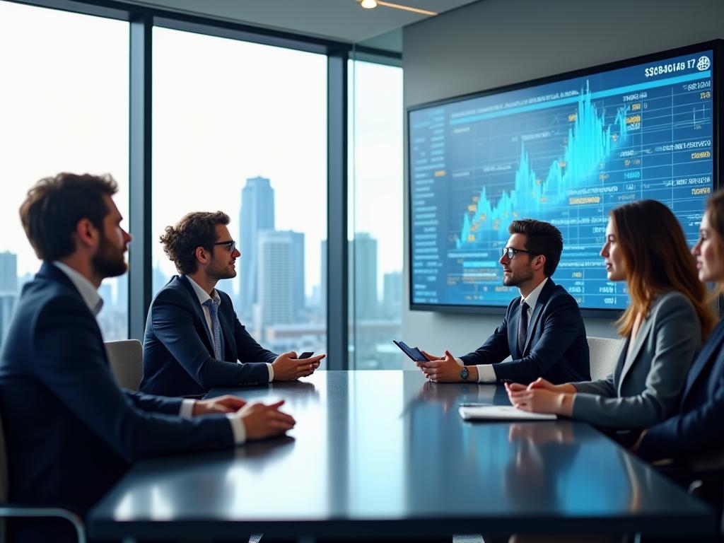 Diverse group of professionals collaborating in a modern office setting, signifying expertise and broad industry coverage in compliance. A subtle overlay of digital charts and arrows suggests data-driven insights.
