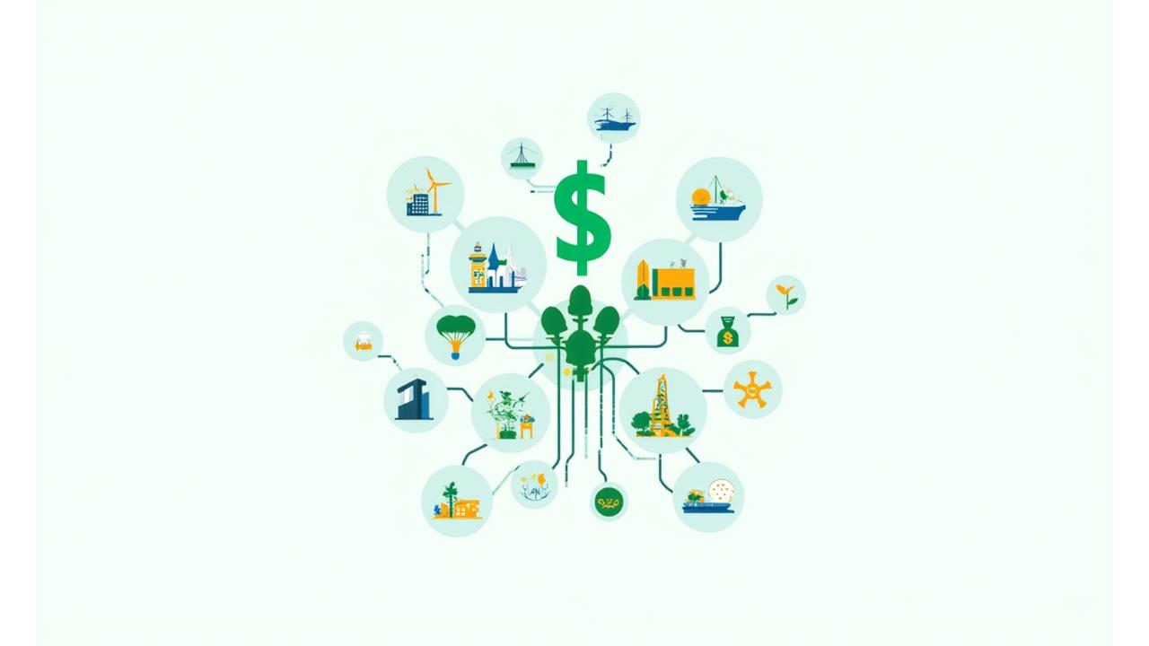 Vibrant infographic showing various green technologies (solar panels, wind turbines, EV charging stations, water treatment plants) connected by lines to financial growth charts and environmental impact icons.