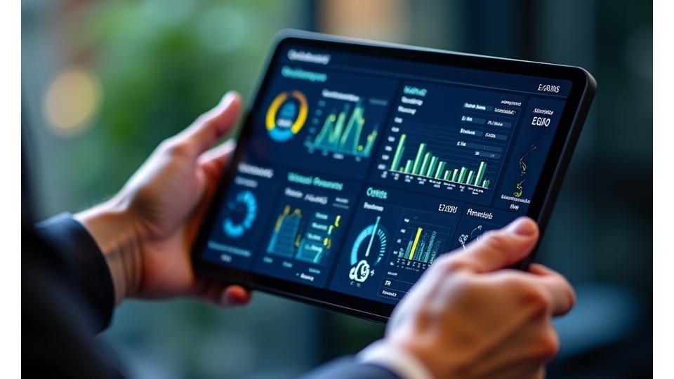 Dynamic dashboard interface displaying various sustainability metrics like carbon footprint, water usage, waste diversion, and ESG scores, with interactive charts and real-time data flow indicators.
