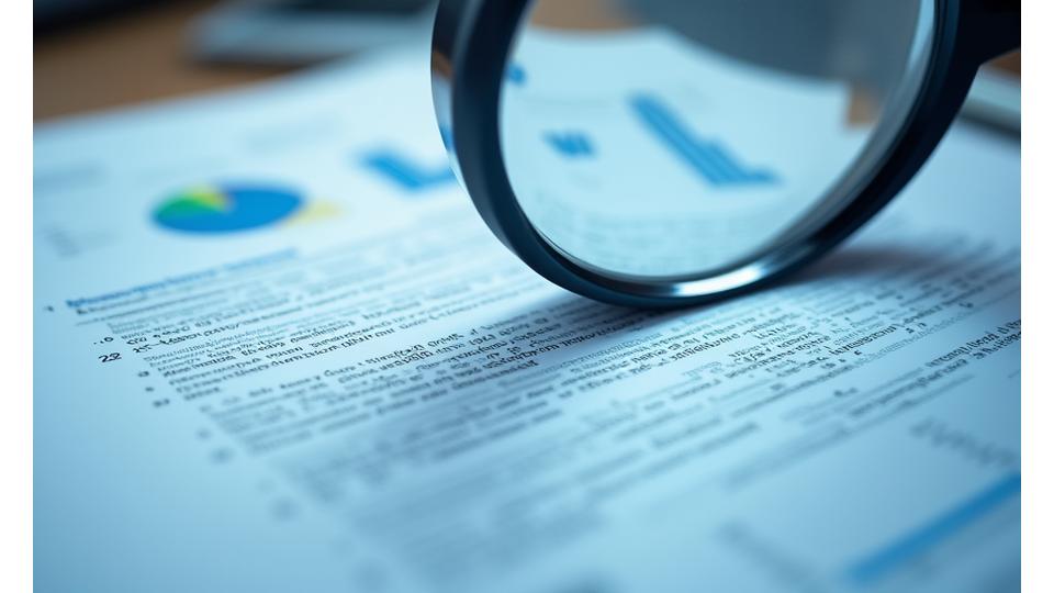 Image showing a magnifying glass examining details on a financial contract, symbolizing thorough review and precision.
